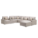 Nolan Beige Linen Fabric 7Pc Reversible Chaise Sectional Sofa with a USB, Charging Ports, Cupholders, Storage Console Table and Pillows and Interchangeable Legs