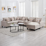 Nolan Beige Linen Fabric 7Pc Reversible Chaise Sectional Sofa with a USB, Charging Ports, Cupholders, Storage Console Table and Pillows and Interchangeable Legs