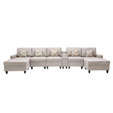 Nolan Beige Linen Fabric 6Pc Double Chaise Sectional Sofa with Interchangeable Legs, a USB, Charging Ports, Cupholders, Storage Console Table and Pillows