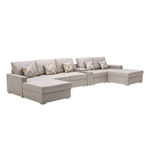 Nolan Beige Linen Fabric 6Pc Double Chaise Sectional Sofa with Interchangeable Legs, a USB, Charging Ports, Cupholders, Storage Console Table and Pillows