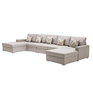 Nolan Beige Linen Fabric 5Pc Double Chaise Sectional Sofa with Pillows and Interchangeable Legs