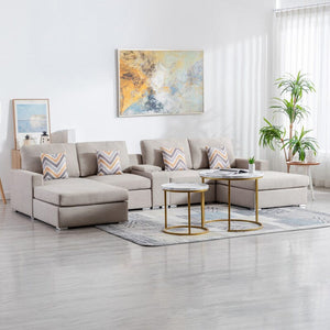 Nolan Beige Linen Fabric 5Pc Double Chaise Sectional Sofa with Interchangeable Legs, a USB, Charging Ports, Cupholders, Storage Console Table and Pillows