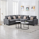 Nolan Gray Linen Fabric 6Pc Reversible Sectional Sofa with a USB, Charging Ports, Cupholders, Storage Console Table and Pillows and Interchangeable Legs