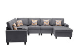 Nolan Gray Linen Fabric 7Pc Reversible Chaise Sectional Sofa with a USB, Charging Ports, Cupholders, Storage Console Table and Pillows and Interchangeable Legs