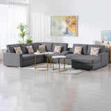 Nolan Gray Linen Fabric 7Pc Reversible Chaise Sectional Sofa with a USB, Charging Ports, Cupholders, Storage Console Table and Pillows and Interchangeable Legs