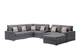 Nolan Gray Linen Fabric 7Pc Reversible Chaise Sectional Sofa with a USB, Charging Ports, Cupholders, Storage Console Table and Pillows and Interchangeable Legs