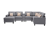 Nolan Gray Linen Fabric 7Pc Reversible Chaise Sectional Sofa with a USB, Charging Ports, Cupholders, Storage Console Table and Pillows and Interchangeable Legs