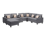 Nolan Gray Linen Fabric 7Pc Reversible Chaise Sectional Sofa with a USB, Charging Ports, Cupholders, Storage Console Table and Pillows and Interchangeable Legs