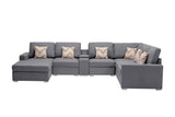 Nolan Gray Linen Fabric 7Pc Reversible Chaise Sectional Sofa with a USB, Charging Ports, Cupholders, Storage Console Table and Pillows and Interchangeable Legs