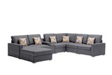 Nolan Gray Linen Fabric 7Pc Reversible Chaise Sectional Sofa with a USB, Charging Ports, Cupholders, Storage Console Table and Pillows and Interchangeable Legs