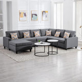 Nolan Gray Linen Fabric 6Pc Reversible Chaise Sectional Sofa with Pillows and Interchangeable Legs