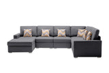 Nolan Gray Linen Fabric 6Pc Reversible Chaise Sectional Sofa with Pillows and Interchangeable Legs