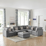 Amira Gray Fabric Reversible Modular Sectional Sofa with USB Console and Ottoman