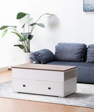 Luna White Coffee Table with Brown Walnut Finish Lift Top, 2 Drawers, and 2 Shelves