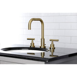 Manhattan Two-Handle 3-Hole Deck Mount Widespread Bathroom Faucet with Brass Pop-Up Drain