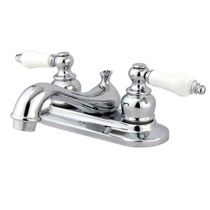 Restoration Two-Handle 3-Hole Deck Mount 4" Centerset Bathroom Faucet with Plastic Pop-Up