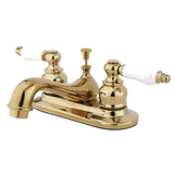 Restoration Two-Handle 3-Hole Deck Mount 4" Centerset Bathroom Faucet with Plastic Pop-Up