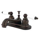 Restoration Two-Handle 3-Hole Deck Mount 4" Centerset Bathroom Faucet with Plastic Pop-Up