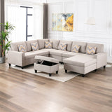 Nolan Beige Linen Fabric 7Pc Reversible Chaise Sectional Sofa with Interchangeable Legs, Pillows and Storage Ottoman