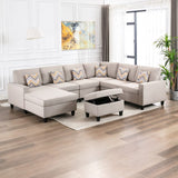 Nolan Beige Linen Fabric 7Pc Reversible Chaise Sectional Sofa with Interchangeable Legs, Pillows and Storage Ottoman