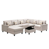 Nolan Beige Linen Fabric 7Pc Reversible Chaise Sectional Sofa with Interchangeable Legs, Pillows and Storage Ottoman