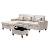 Nolan Beige Linen Fabric 4Pc Reversible Sofa Chaise with Interchangeable Legs, Storage Ottoman, and Pillows