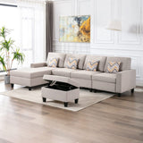 Nolan Beige Linen Fabric 5Pc Reversible Sofa Chaise with Interchangeable Legs, Storage Ottoman, and Pillows