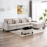 Nolan Beige Linen Fabric 5Pc Reversible Sofa Chaise with Interchangeable Legs, Storage Ottoman, and Pillows