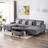 Nolan Gray Linen Fabric 5Pc Double Chaise Sectional Sofa with Interchangeable Legs, Storage Ottoman, and Pillows