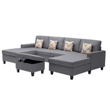 Nolan Gray Linen Fabric 5Pc Double Chaise Sectional Sofa with Interchangeable Legs, Storage Ottoman, and Pillows