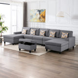 Nolan Gray Linen Fabric 6Pc Double Chaise Sectional Sofa with Interchangeable Legs, Storage Ottoman, and Pillows