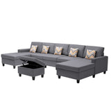 Nolan Gray Linen Fabric 6Pc Double Chaise Sectional Sofa with Interchangeable Legs, Storage Ottoman, and Pillows