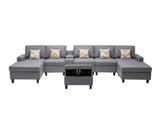 Nolan Gray Linen Fabric 7Pc Double Chaise Sectional Sofa with Interchangeable Legs, Storage Ottoman, Pillows, and a USB, Charging Ports, Cupholders, Storage Console Table