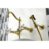 Heritage Two-Handle 2-Hole Wall Mount Bridge Kitchen Faucet with Brass Sprayer