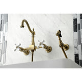 Heritage Two-Handle 2-Hole Wall Mount Bridge Kitchen Faucet with Brass Sprayer