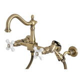 Heritage Two-Handle 2-Hole Wall Mount Bridge Kitchen Faucet with Brass Sprayer