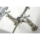 Heritage Two-Handle 2-Hole Wall Mount Bridge Kitchen Faucet with Brass Sprayer