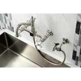 Heritage Two-Handle 2-Hole Wall Mount Bridge Kitchen Faucet with Brass Sprayer