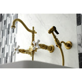 Heritage Two-Handle 2-Hole Wall Mount Bridge Kitchen Faucet with Brass Sprayer