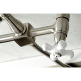 Heritage Two-Handle 2-Hole Wall Mount Bridge Kitchen Faucet with Brass Sprayer