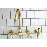 Restoration Two-Handle 2-Hole Wall Mount Bridge Kitchen Faucet with Brass Sprayer