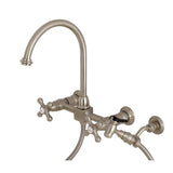 Restoration Two-Handle 2-Hole Wall Mount Bridge Kitchen Faucet with Brass Sprayer