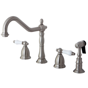 Heritage Two-Handle 4-Hole Deck Mount Widespread Kitchen Faucet with Brass Sprayer