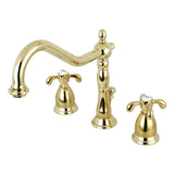 French Country Two-Handle 3-Hole Deck Mount Widespread Bathroom Faucet with Brass Pop-Up Drain