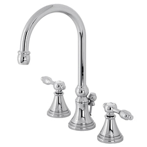 Tudor Two-Handle 3-Hole Deck Mount Widespread Bathroom Faucet with Brass Pop-Up Drain