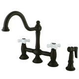 Restoration Two-Handle 4-Hole Deck Mount Bridge Kitchen Faucet with Brass Side Sprayer