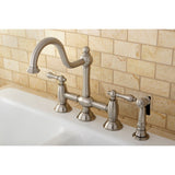 Restoration Two-Handle 4-Hole Deck Mount Bridge Kitchen Faucet with Brass Side Sprayer