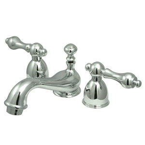 Restoration Two-Handle 3-Hole Deck Mount Mini-Widespread Bathroom Faucet with Brass Pop-Up