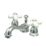 Restoration Two-Handle 3-Hole Deck Mount Mini-Widespread Bathroom Faucet with Brass Pop-Up