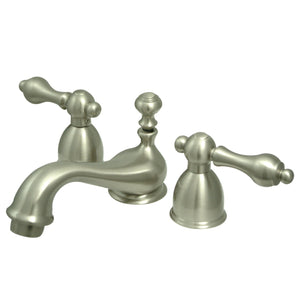 Restoration Two-Handle 3-Hole Deck Mount Mini-Widespread Bathroom Faucet with Brass Pop-Up